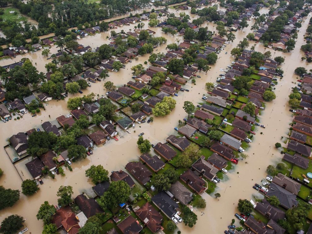 PHOTO: Residential neighborhoods near interstate 10 sit in floodwater in the wake of Hurricane Harvey in Houston, Aug. 29, 2017