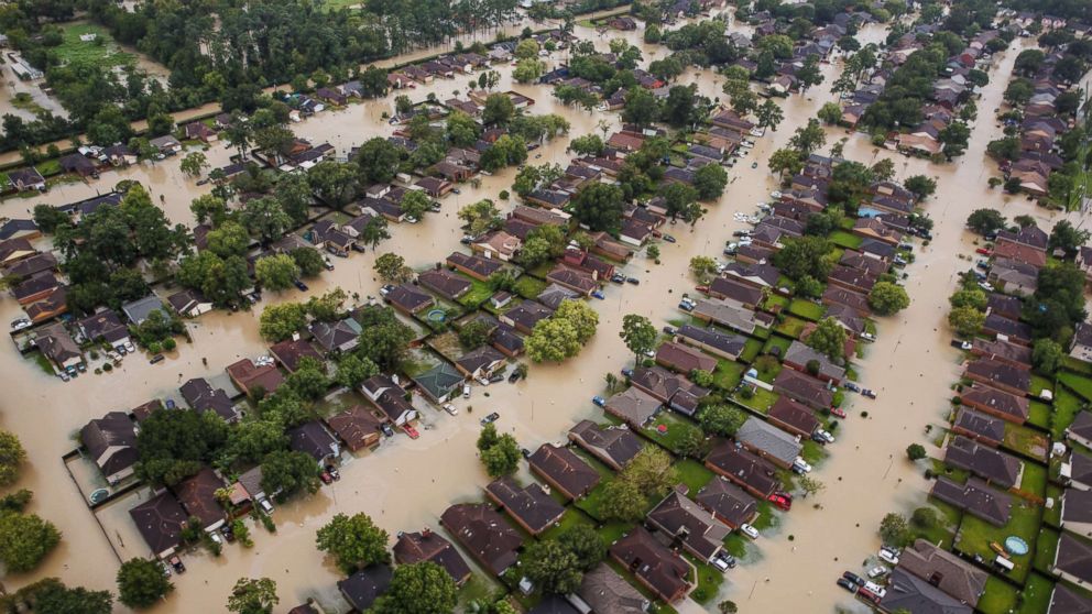 PHOTO: Residential neighborhoods near the Interstate 10 sit in floodwater in the wake of Hurricane Harvey in Houston, Aug. 29, 2017.