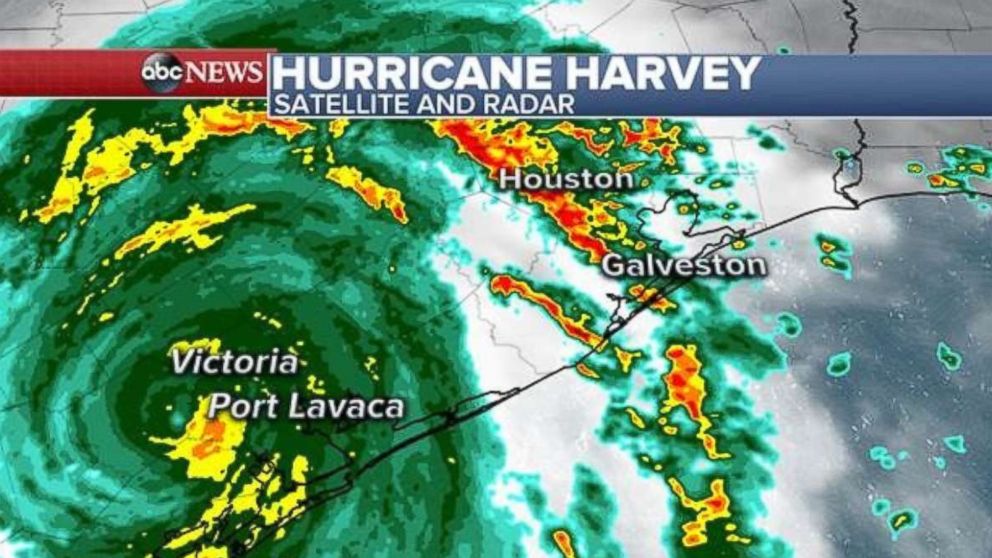 PHOTO: Satellite and radar imagery of Hurricane Harvey shows the eye of the storm near Victoria, Texas, Aug. 26, 2017.