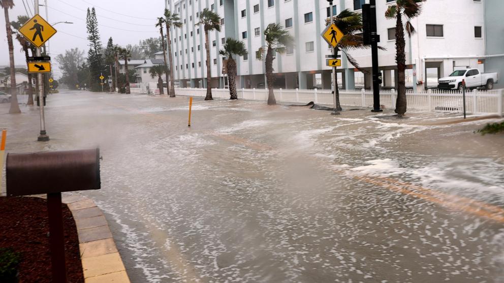 PHOTO: Water from the Gulf of Mexico floods a road as Hurricane Helene churns offshore on Sept. 26, 2024, in St. Pete Beach, Fl.