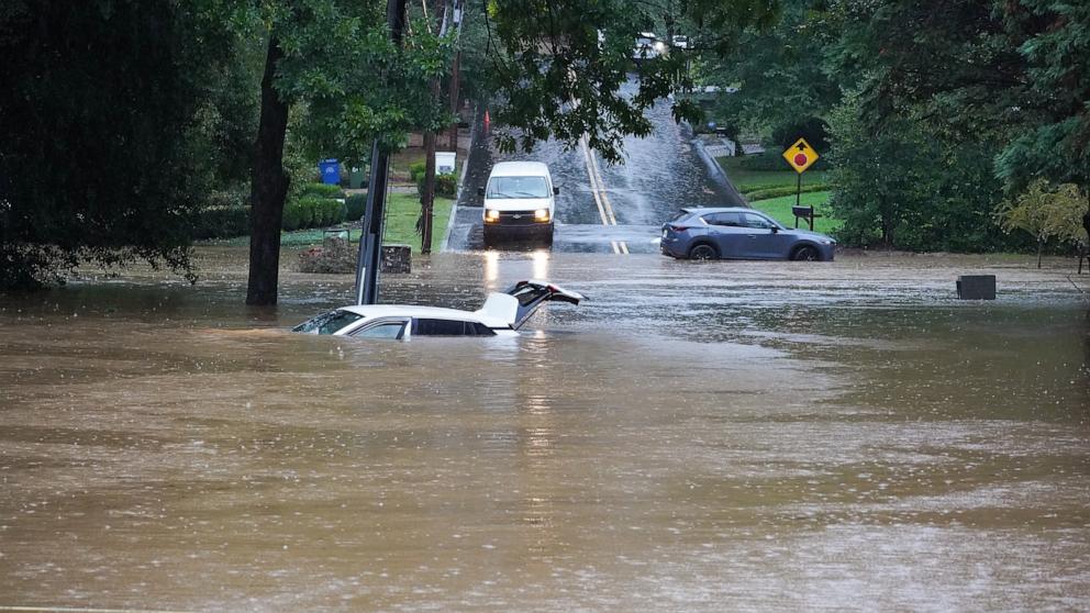 PHOTO: The streets are flooded near Peachtree Creek after hurricane Helene brought in heavy rains over night on Sept. 27, 2024 in Atlanta.