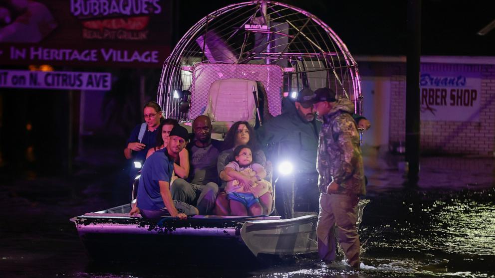 PHOTO: An airboat transporting residents rescued from flood waters due to storm surge due from Hurricane Helene is seen Sept. 27, 2024 in Crystal River,
Fla.