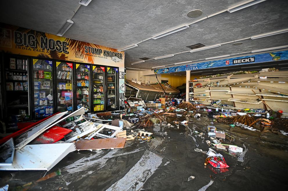 PHOTO: Debris are left inside a flooded store after Hurricane Helene made landfall in Cedar Key, Fla., on Sept. 27, 2024. 