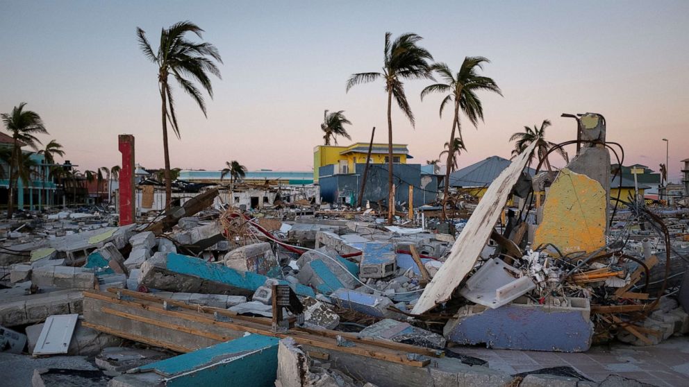 PHOTO: Remains of destroyed restaurants, shops and other businesses are seen after Hurricane Ian caused widespread destruction in Fort Myers Beach, Fla., Oct. 4, 2022. 