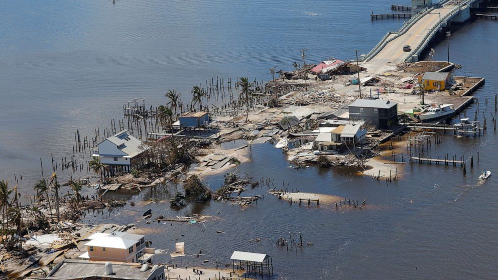 PHOTO: Destroyed homes and businesses on Pine Island, Florida are seen from a U.S. Army National Guard Blackhawk helicopter after Hurricane Ian caused widespread destruction in Pine Island, Fla., Oct. 1, 2022. 