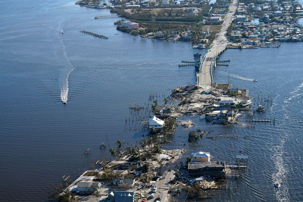 PHOTO: The bridge leading from Fort Myers to Pine Island, Fla., is heavily damaged in the aftermath of Hurricane Ian, on Oct. 1, 2022. Due to the damage, the island can only be reached by boat or air.