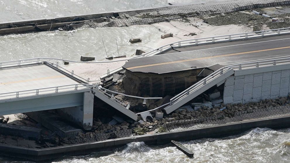 PHOTO: A section of the damaged Sanibel Causeway seen in the aftermath of Hurricane Ian, Sept. 29, 2022, near Sanibel Island, Fla.