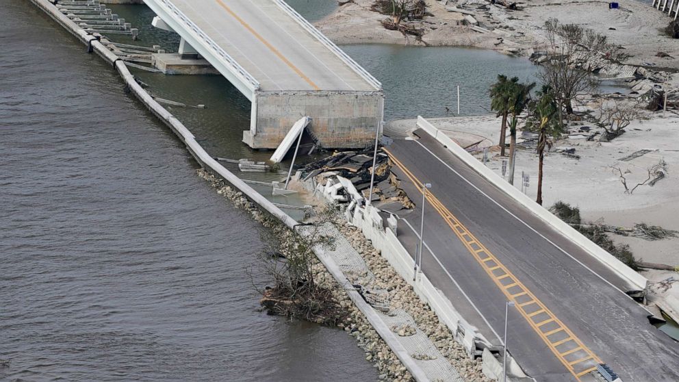 PHOTO: A damaged causeway to Sanibel Island is seen in the aftermath of Hurricane Ian, Sept. 29, 2022, near Sanibel Island, Fla.