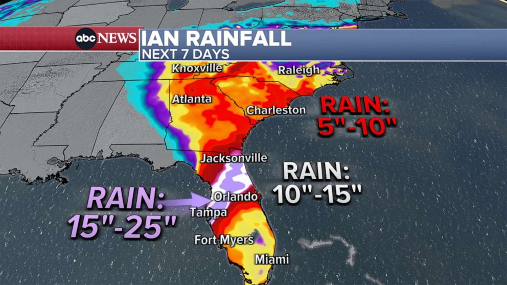 PHOTO: The projected 7 day rainfall estimates for Hurricane Ian as it travels into Florida is shown in a radar image graphic as of the afternoon of Sept. 27, 2022.
