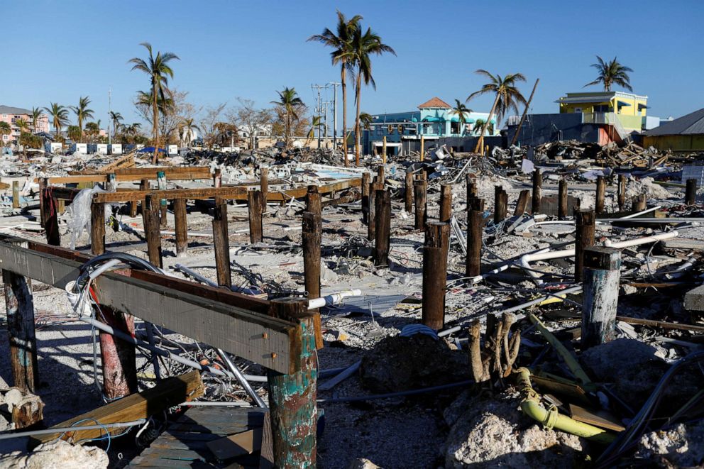 PHOTO: Remains of destroyed restaurants, shops and other businesses are seen almost one month after Hurricane Ian landfall in Fort Myers Beach, Florida, October 26, 2022.