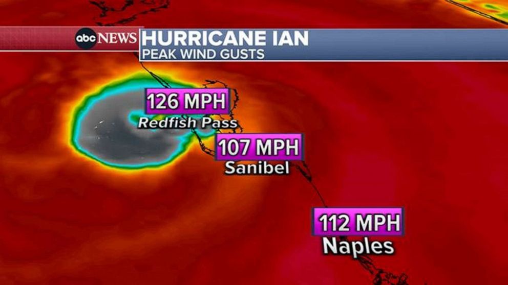 PHOTO: Peak wind gusts of Hurricane Ian are outlined in a weather graphic released at 3pm, Sept. 28, 2022.