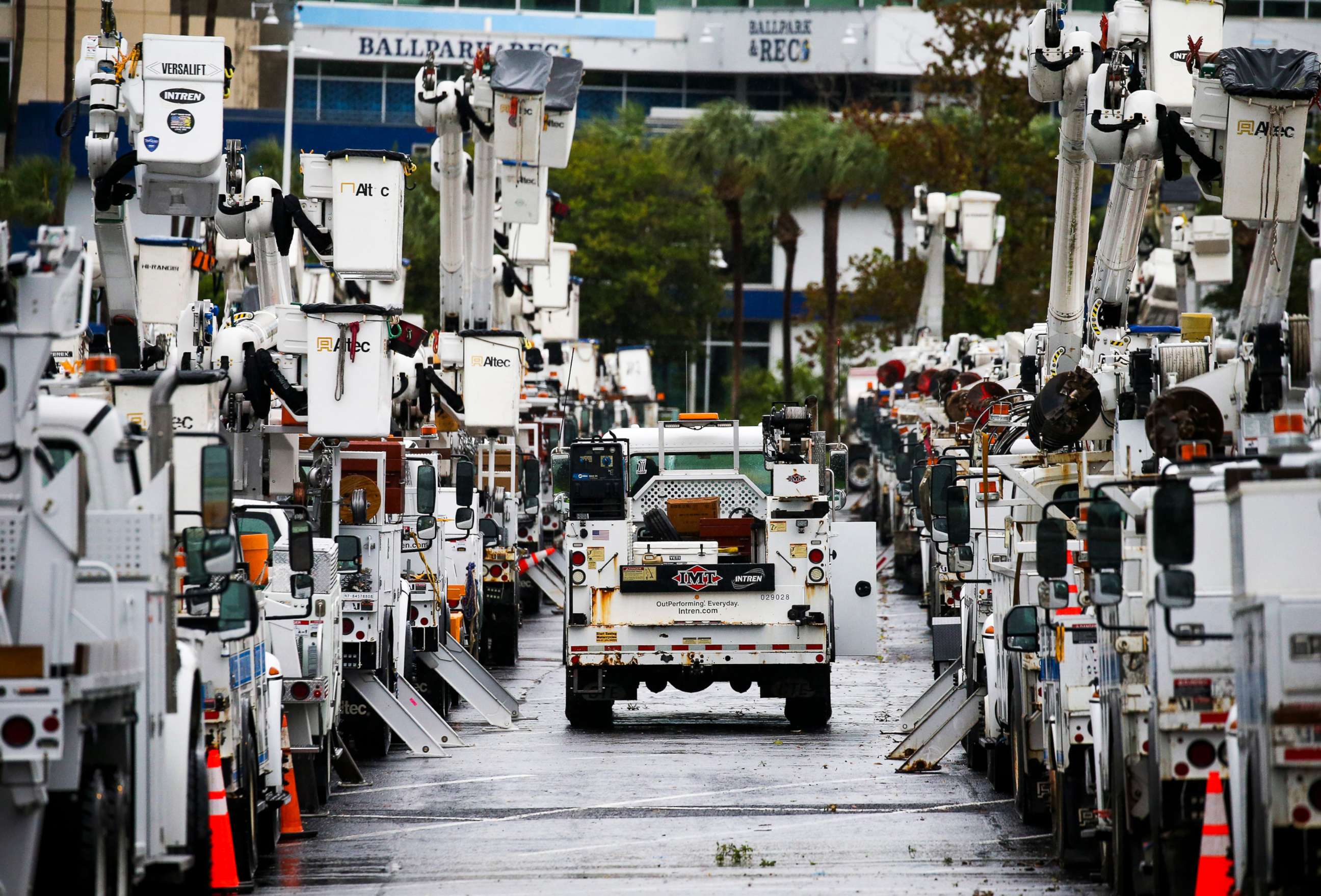 PHOTO: Duke Energy trucks are staged in the parking lot at Tropicana Field in preparation for Hurricane Ian, Sept. 28, 2022 in St. Petersburg, Fla.
