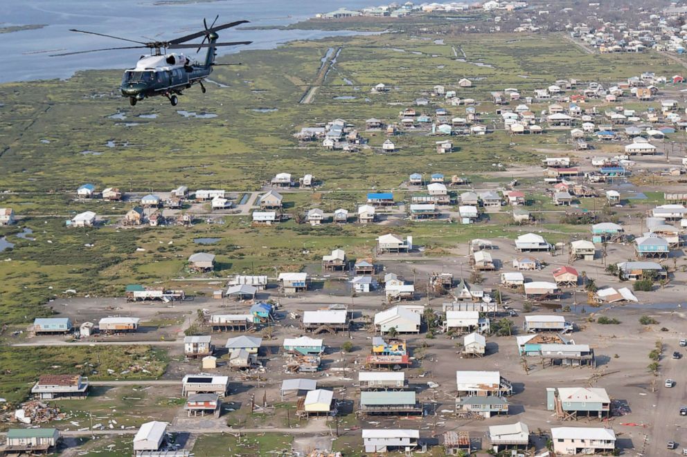 PHOTO: President Joe Biden, aboard the Marine One helicopter, inspects the damage from Hurricane Ida on an aerial tour of communities in Laffite, Grand Isle, Port Fourchon and Lafourche Parish, La., September 3, 2021.