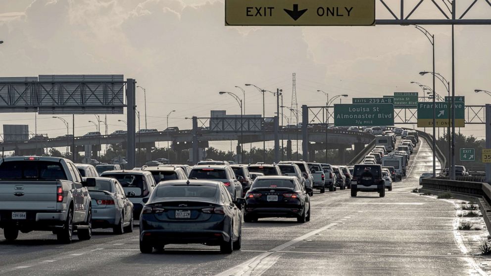 PHOTO: Vehicles pack Interstate 610 to an almost stand still as people leave the area in advance of the arrival of Hurricane Ida in New Orleans, La., Aug. 28, 2021.