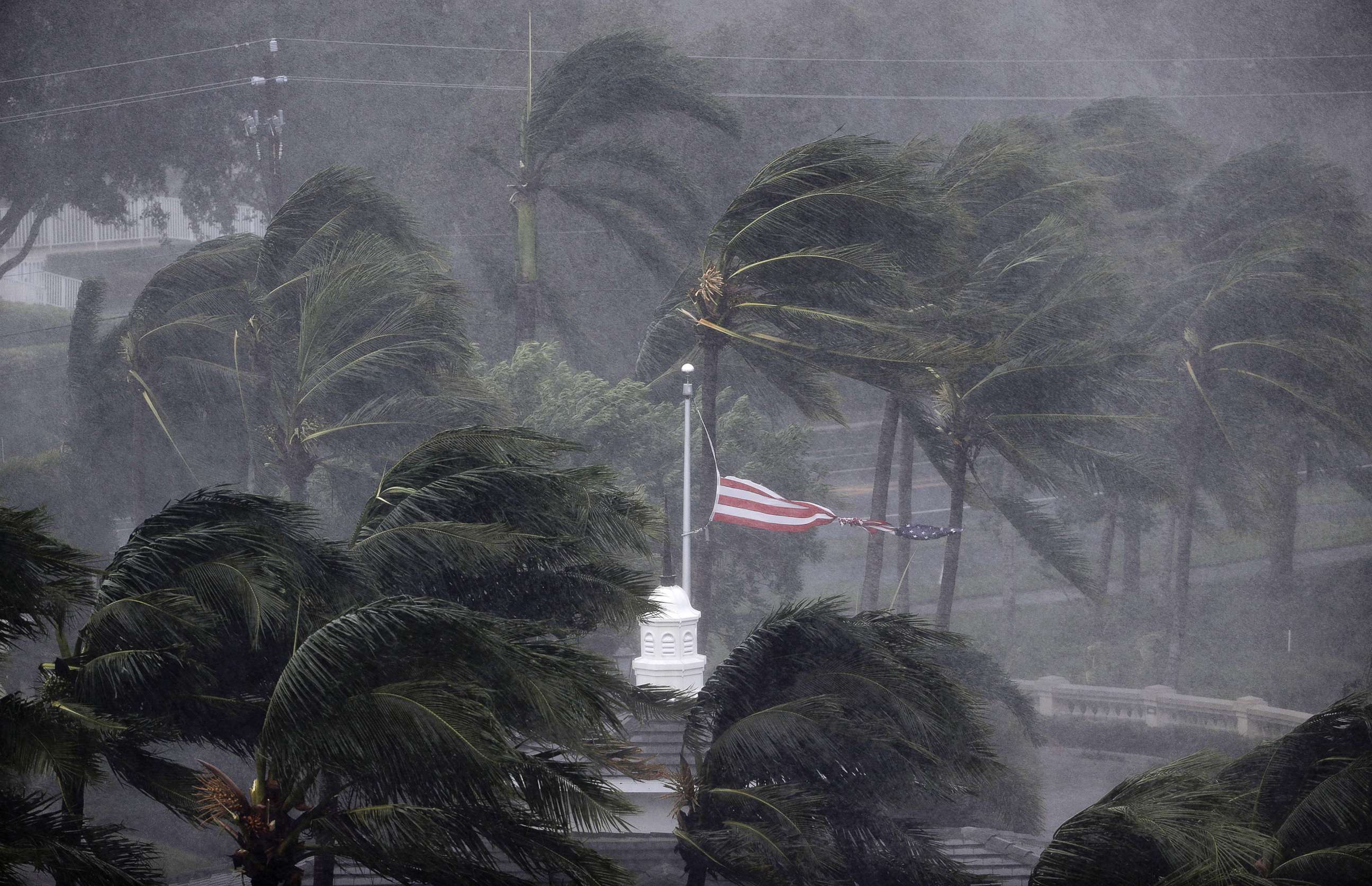 PHOTO: An American flag is torn as Hurricane Irma passes through Naples, Fla., Sept. 10, 2017. 
