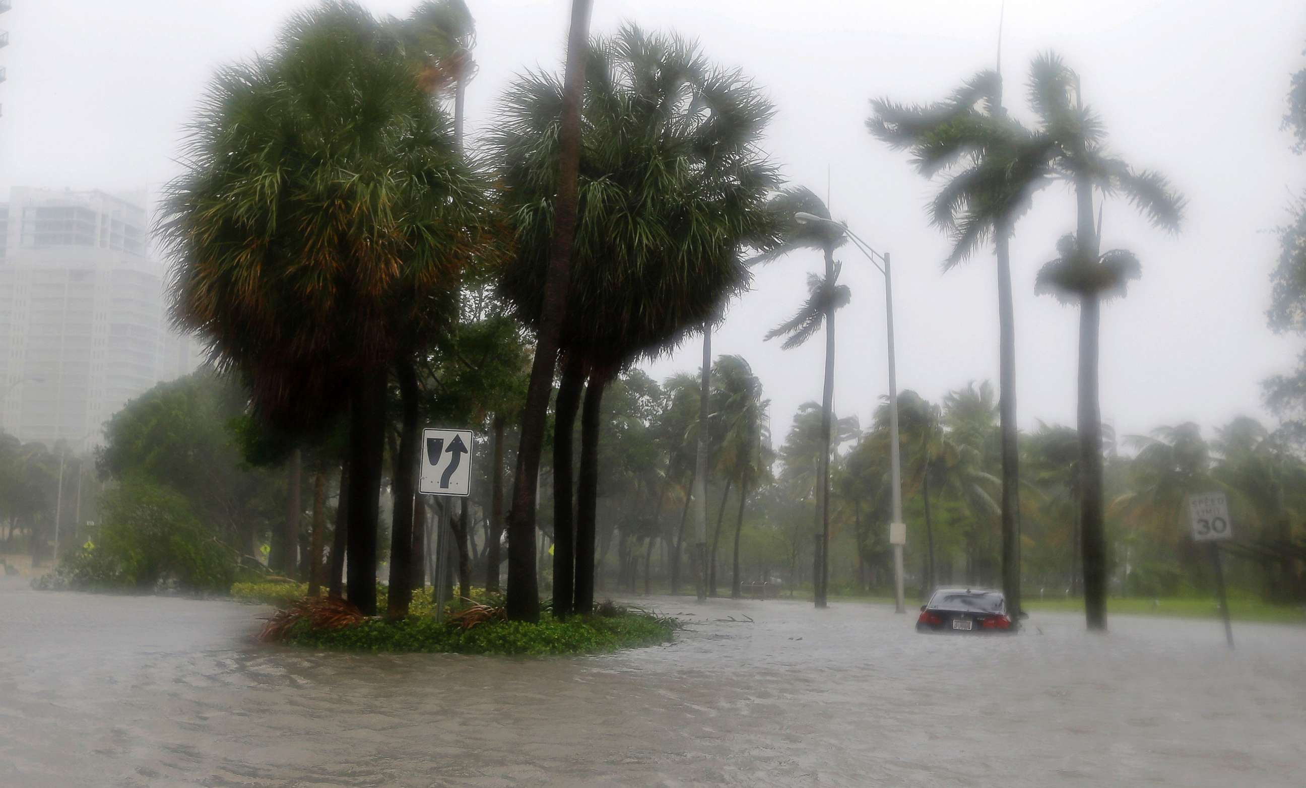 PHOTO: Heavy rains flood the streets in the Coconut Grove area in Miami, Sept. 10, 2017, during Hurricane Irma. 