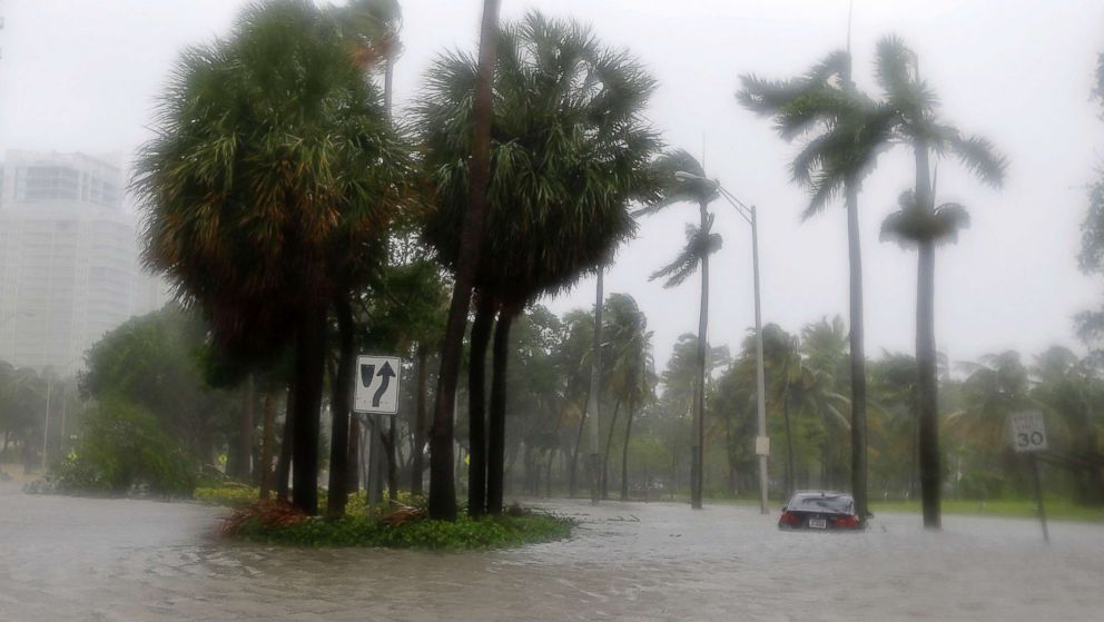 PHOTO: Heavy rains flood the streets in the Coconut Grove area in Miami, Sept. 10, 2017, during Hurricane Irma. 