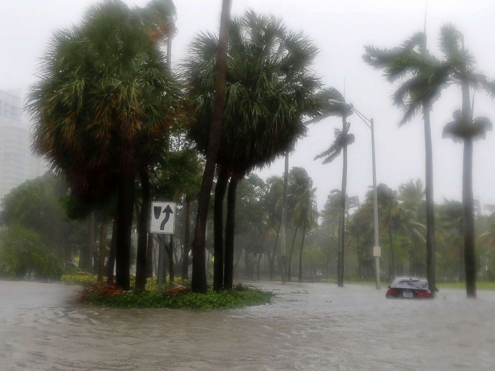 PHOTO: Heavy rains flood the streets in the Coconut Grove area in Miami, Sept. 10, 2017, during Hurricane Irma.