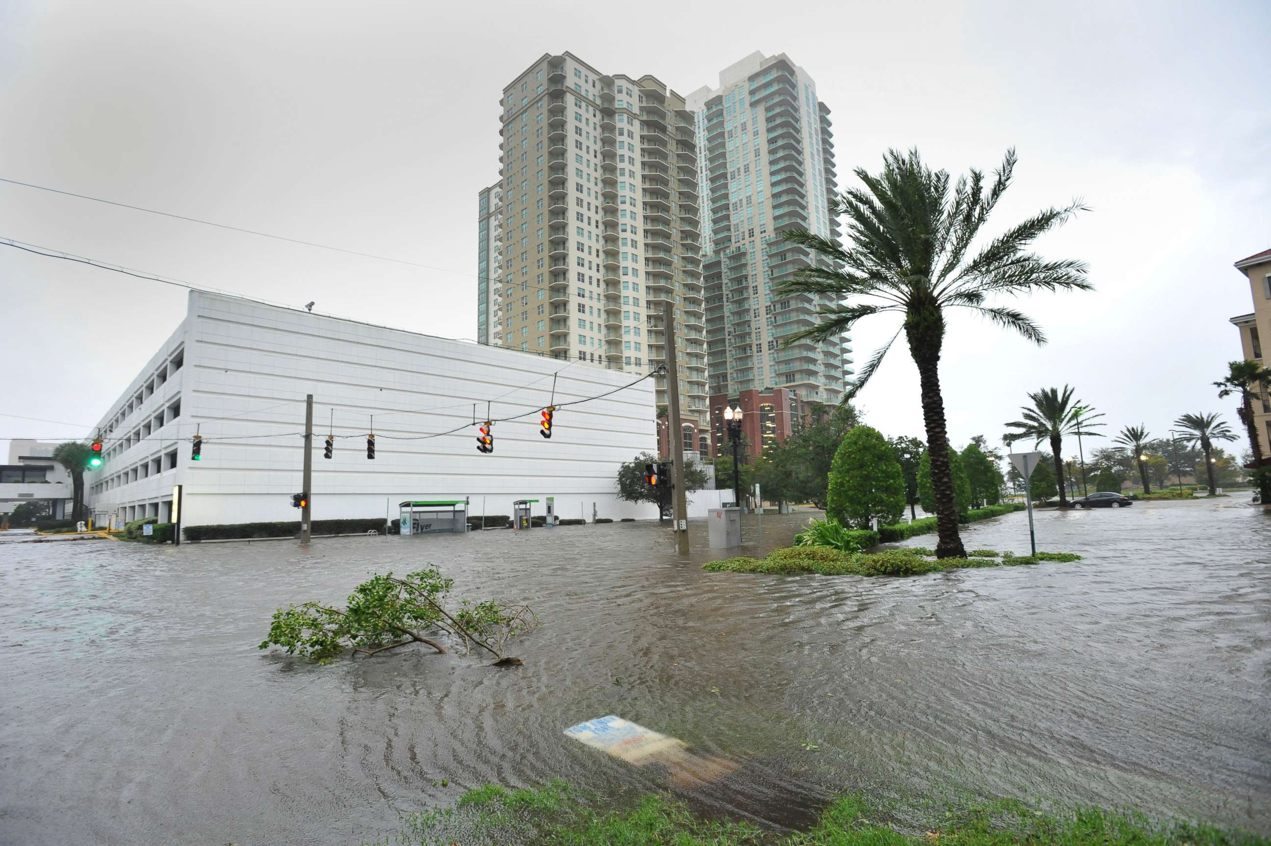 PHOTO: Street flooding is prevalent on the Southbank of downtown as Hurricane Irma passes by in Jacksonville, Fla., Sept. 11, 2017. 