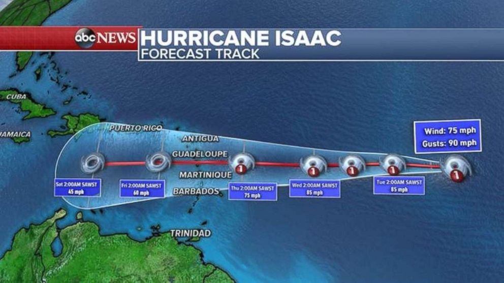 PHOTO: Hurricane Isaac is a Category 1 storm and moving west toward the Caribbean.