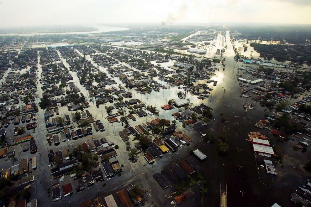 PHOTO: An aerial image shows flooded neighborhoods in New Orleans in the aftermath of Hurricane Katrina, Aug. 30, 2005.