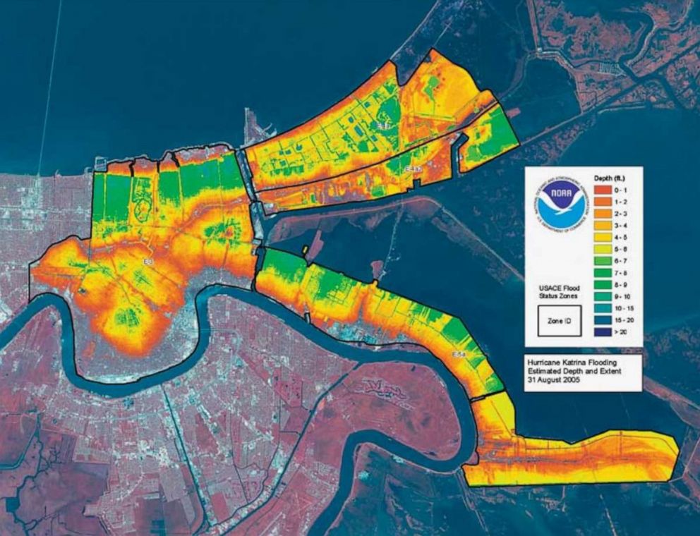 PHOTO: A graphic released by the National Oceanic and Atmospheric Administration shows the estimated depth and extent of flooding in New Orleans after Hurricane Katrina as of Aug. 31, 2005.