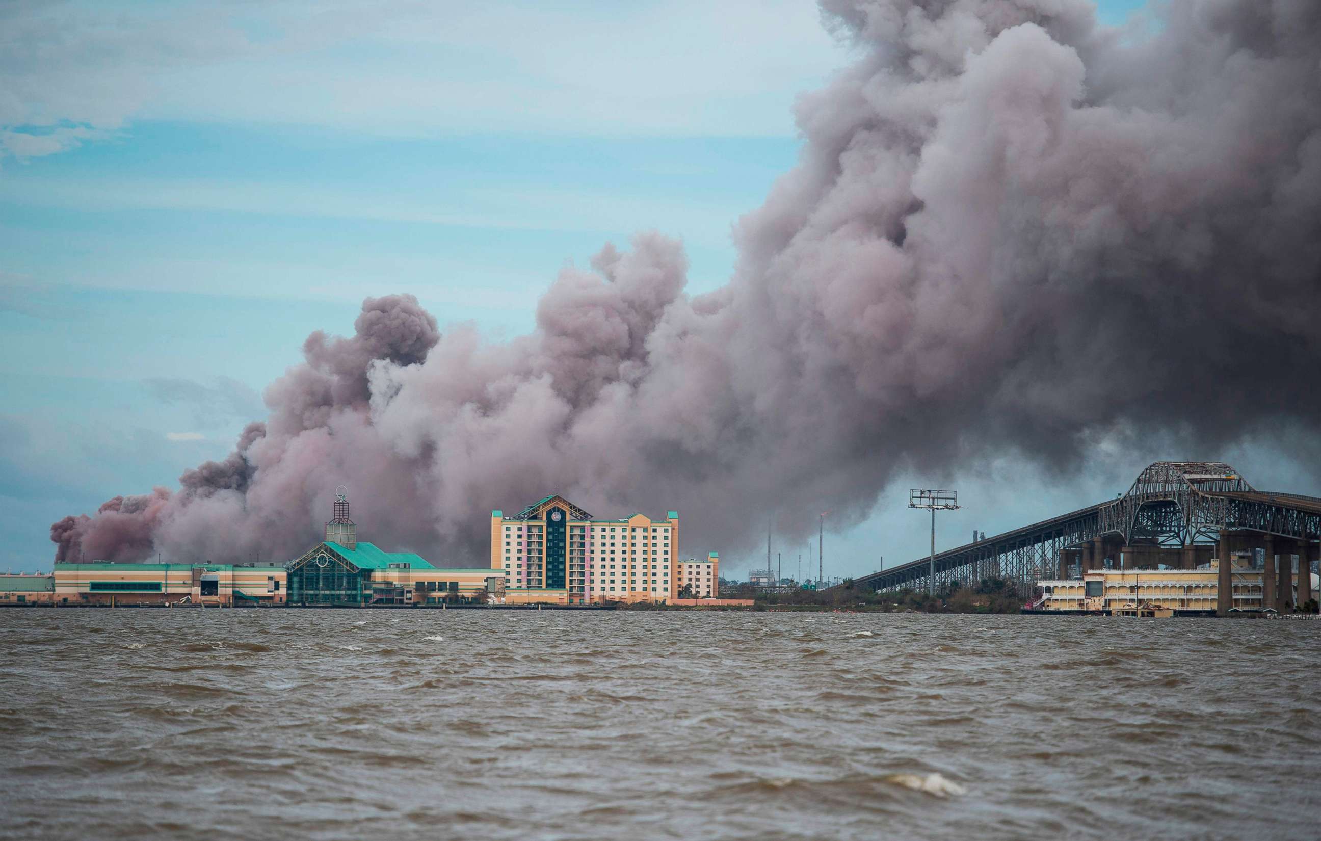 PHOTO: Smoke rises from a burning chemical plant after the passing of Hurricane Laura in Lake Charles, La., Aug. 27, 2020.