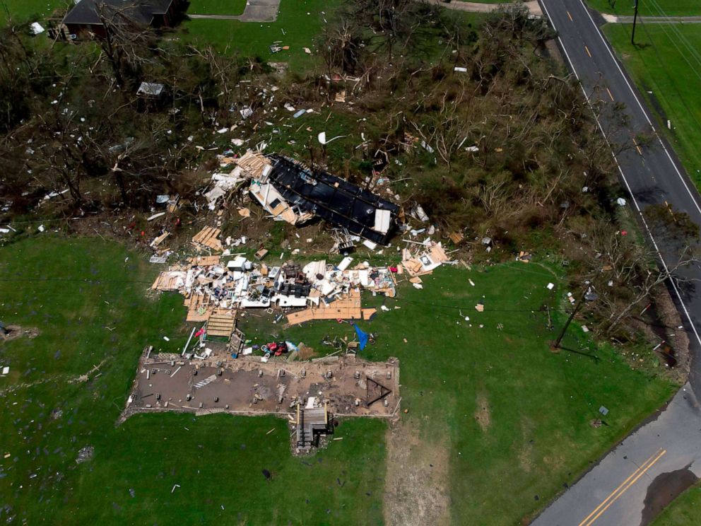 PHOTO: An aerial views shows homes damaged by Hurricane Laura, Aug. 27, 2020, in Grand Lake, La.