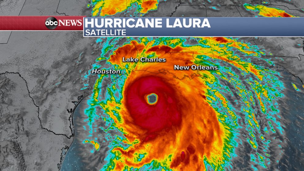 PHOTO: Hurricane Laura is seen on satellite on Aug. 26, 2020, with the center of the storm about 155 miles south of Lake Charles, La.