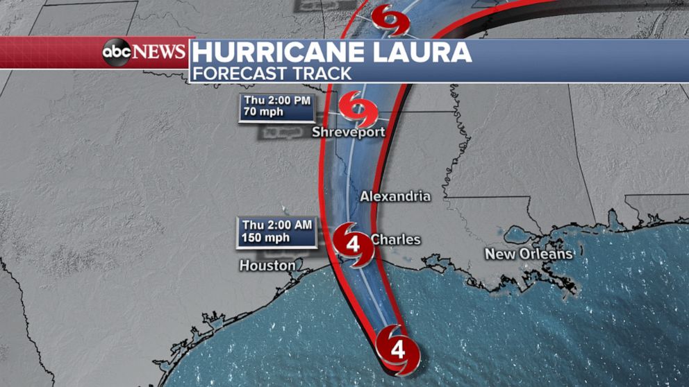 PHOTO: Hurricane Laura is forecast to make landfall as a Category 4 hurricane with sustained winds around 150 mph. 