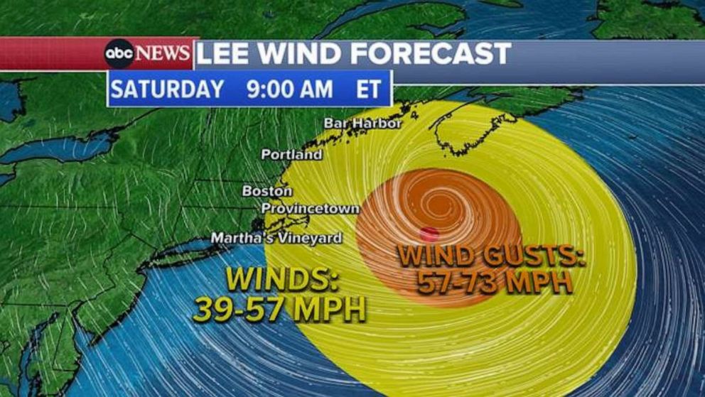 PHOTO: A weather map shows the wind forecast for Hurricane Lee for Saturday morning, Sept. 16, 2023.