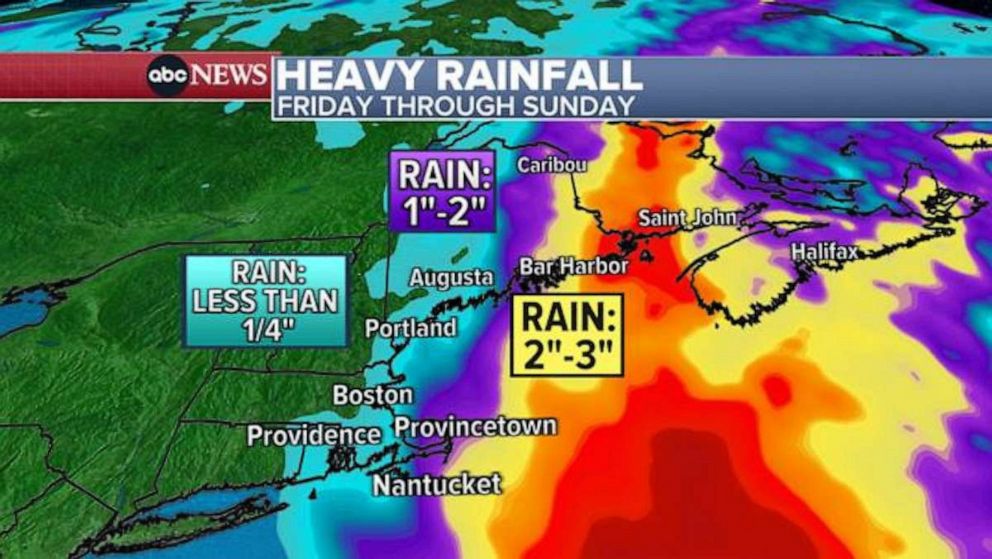 PHOTO: A weather map shows the rainfal forecast for Hurricane Lee for Friday through Sunday.