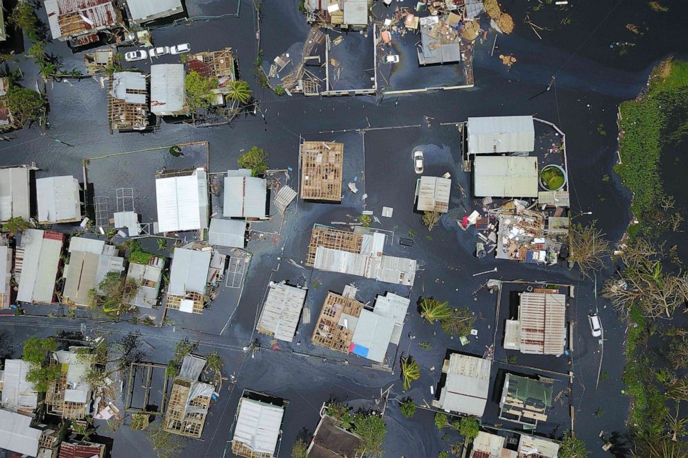 PHOTO: In this Sept. 22, 2017, file photo, an aerial view shows the flooded neighborhood of Juana Matos in the aftermath of Hurricane Maria in Catano, Puerto Rico.