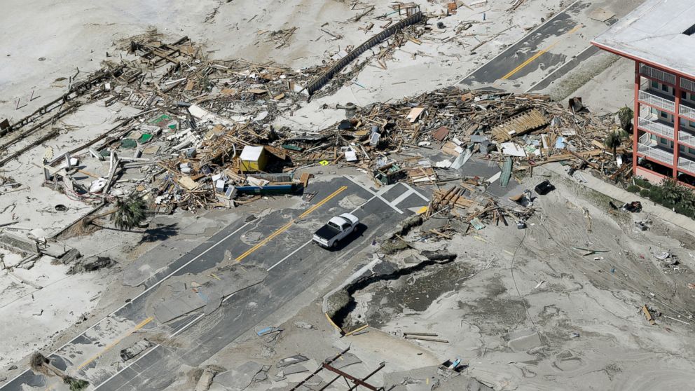 PHOTO: Debris from homes destroyed by Hurricane Michael block a road on Oct. 11, 2018, in Mexico Beach, Fla. 