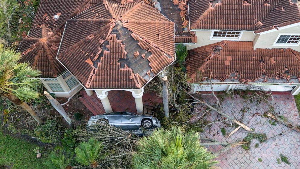 PHOTO: Damage to a home after a tornado ripped through The Preserve development as Hurricane Milton tracked across Florida, in Wellington, Fla., Oct. 10, 2024.  