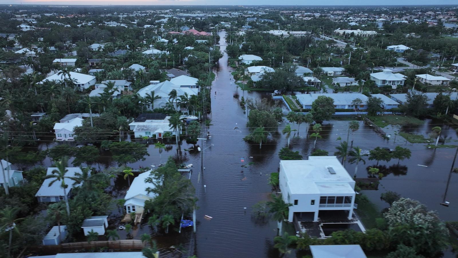 PHOTO: In this aerial view, Flood waters inundate a neighborhood after Hurricane Milton came ashore on Oct. 10, 2024, in Punta Gorda, Fla.