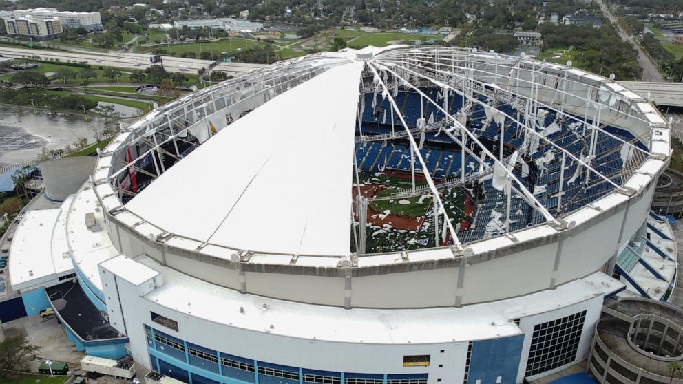 PHOTO: A drone image shows the dome of Tropicana Field which has been torn open due to Hurricane Milton in St. Petersburg, Fla., on Oct. 10, 2024.