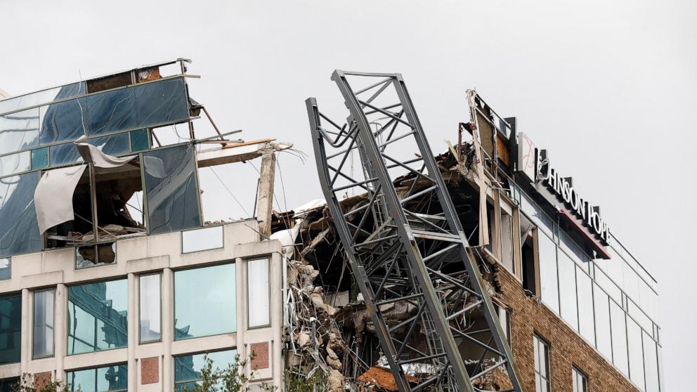 PHOTO: A view shows a collapsed construction crane that fell on the building that also hosts the offices of the Tampa Bay Times, after Hurricane Milton made landfall, in downtown St. Petersburg, Fla., Oct. 10, 2024.