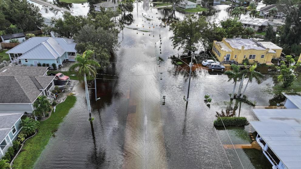 PHOTO: In this aerial view, flood waters inundate a neighborhood after Hurricane Milton came ashore on Oct. 10, 2024, in Punta Gorda, Fla.