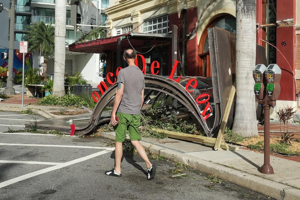 PHOTO: The awning of a restaurant has collapsed on the sidewalk in St. Petersburg due to Hurricane Milton on Oct. 10, 2024 in Florida.