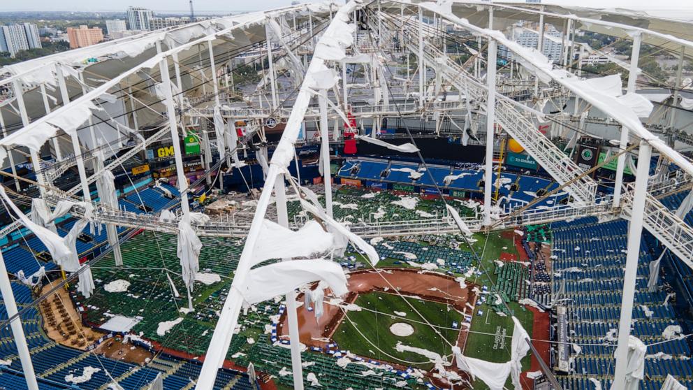 PHOTO: The roof of the Tropicana Field is damaged the morning after Hurricane Milton hit the region, Oct. 10, 2024, in St. Petersburg, Fla.