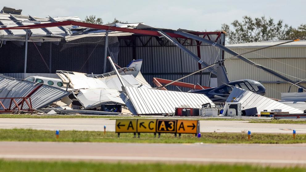 PHOTO: Hangars at Albert Whitted Airport were damaged by winds from Hurricane Milton on Oct. 10, 2024, in St. Petersburg, Fla.