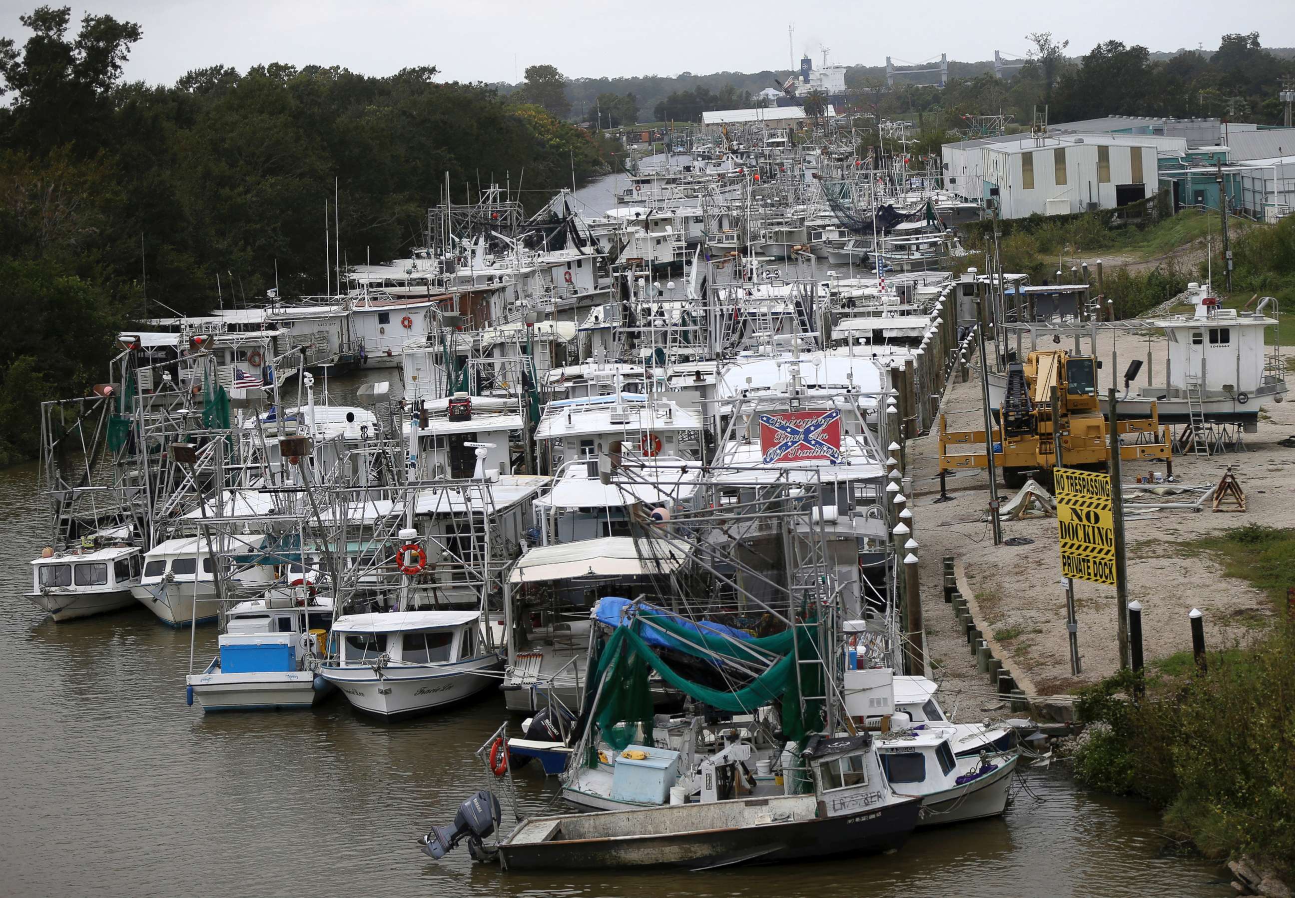 PHOTO: Boats from communities along the outer shorelines are stacked into the Violet Canal for safe harbor in Violet, La., in preparation for Hurricane Nate, expected to make landfall on the Gulf Coast, Oct. 7, 2017.