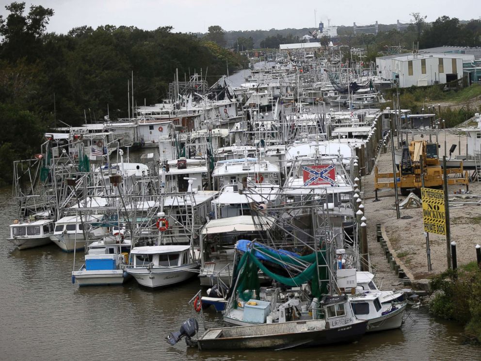 PHOTO: Boats from communities along the outer shorelines are stacked into the Violet Canal for safe harbor in Violet, La., in preparation for Hurricane Nate, expected to make landfall on the Gulf Coast, Oct. 7, 2017.