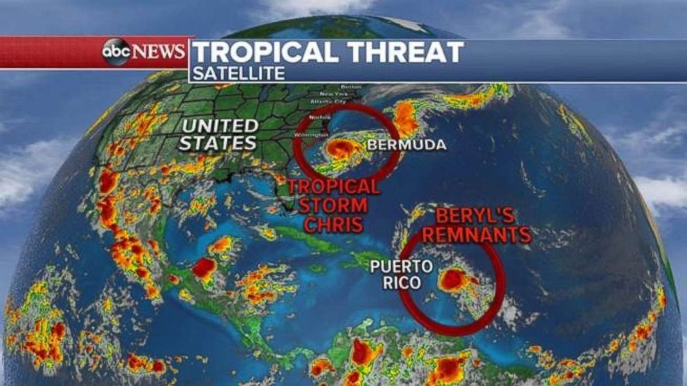 Tropical Storm Chris is churning in the Atlantic, while Beryl has fallen apart in the Caribbean.