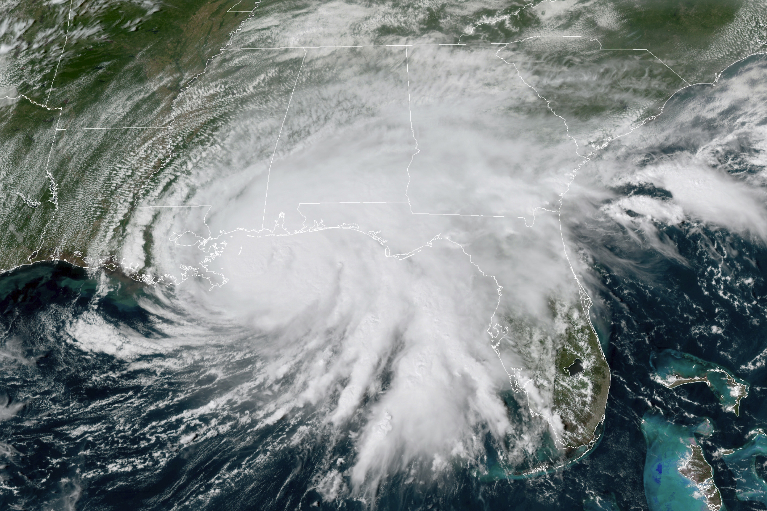 PHOTO: This GOES-16 GeoColor satellite image taken, Sept. 15, 2020, at 3 p.m. EDT., shows Hurricane Sally moving slowly towards the coast from the Gulf of Mexico.