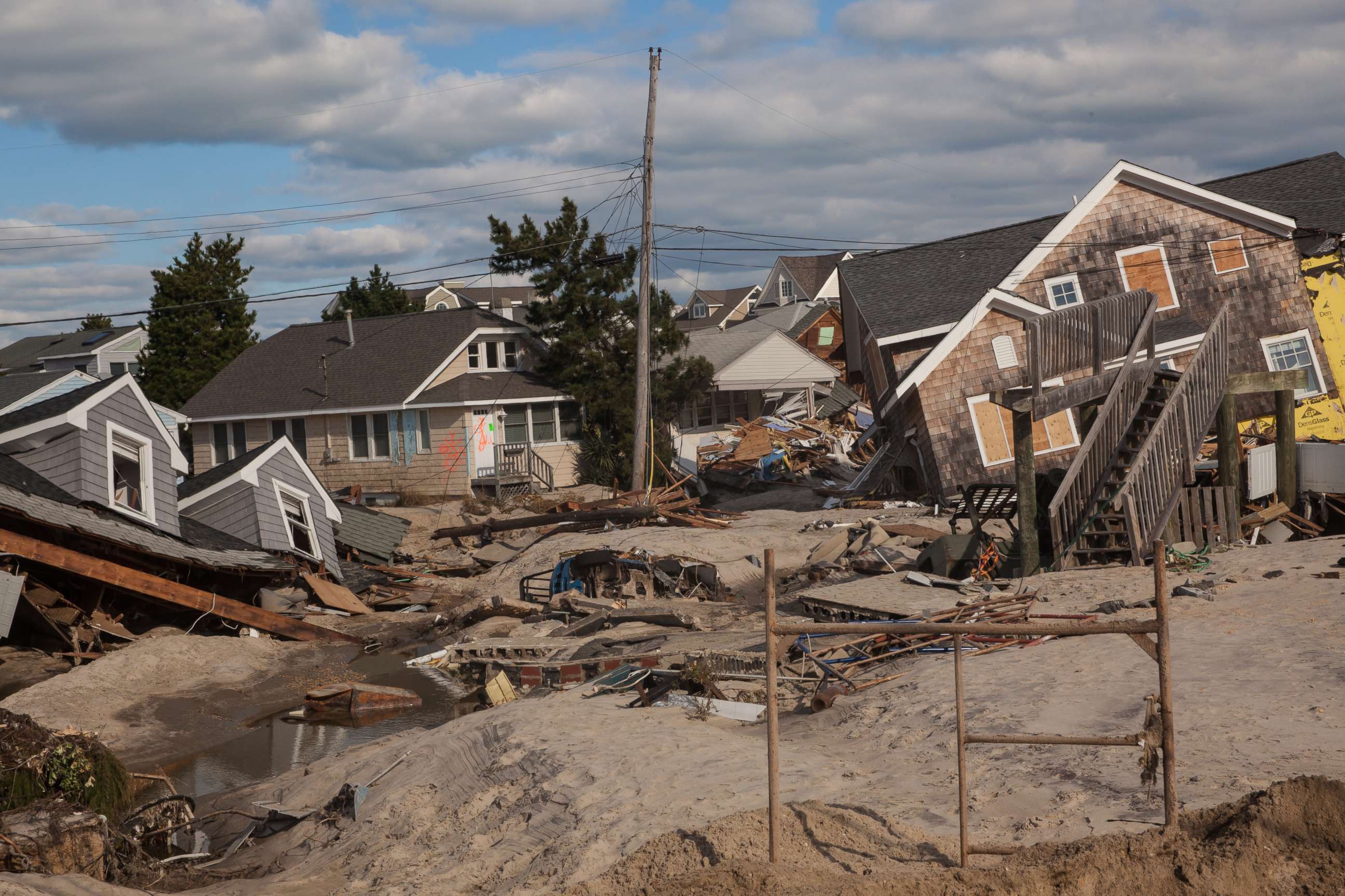 PHOTO: Homes knocked off their foundations following the storm surge produced by Hurricane Sandy, Nov. 3, 2012, Brick Beach, N.J. 