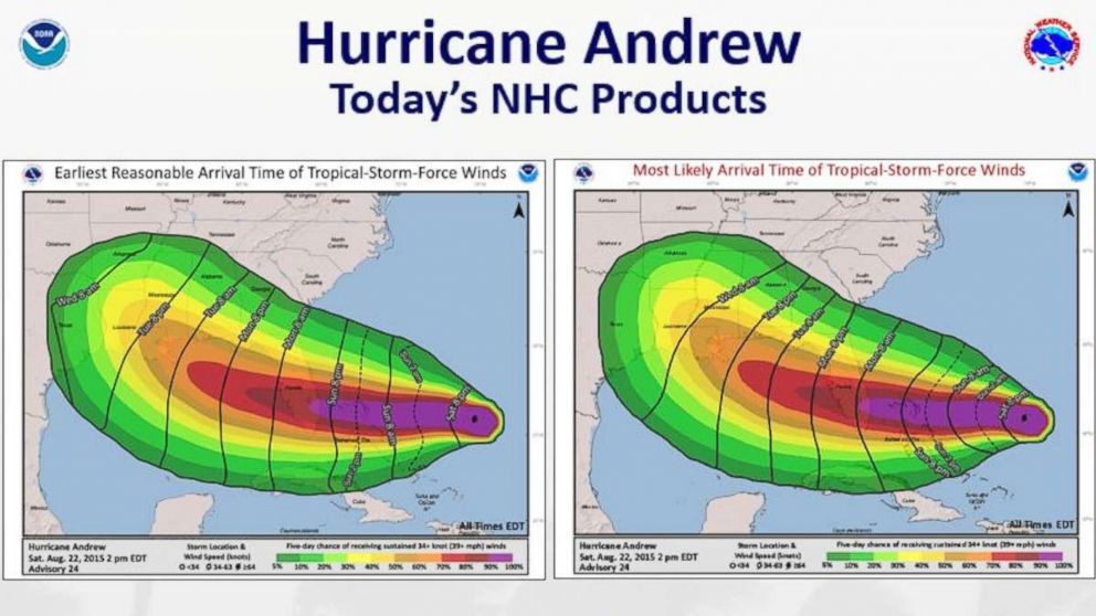 PHOTO: This year, the National Hurricane Center introduced a graphic that shows the estimated time of arrival of tropical-storm force winds as an experimental product. 