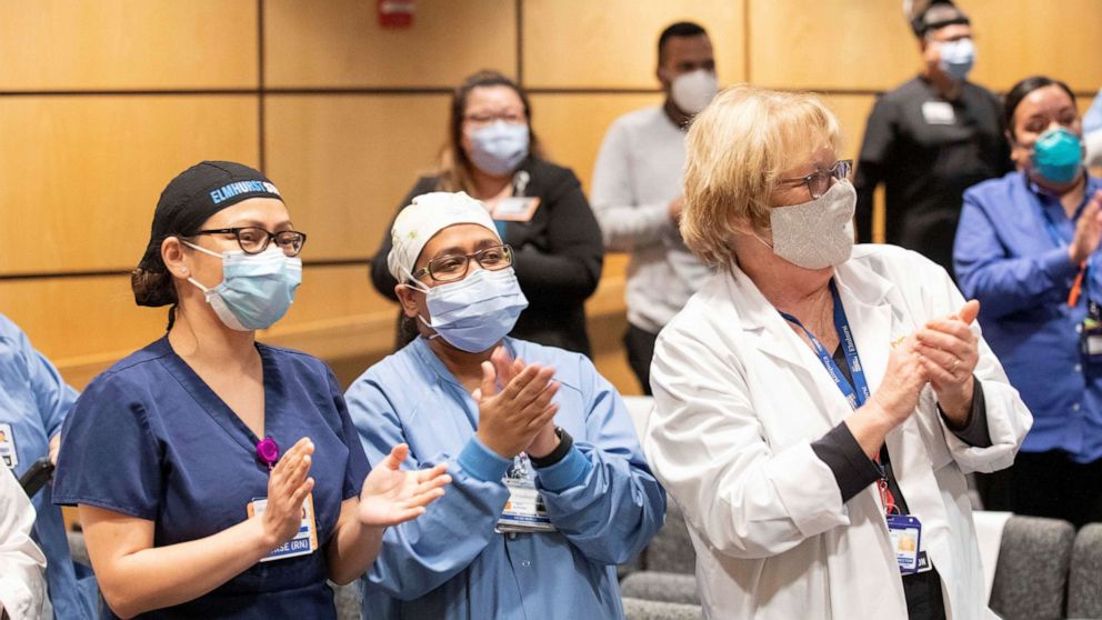 PHOTO: Hospital workers at Elmhurst Hospital in Queens, N.Y., were celebrated with free trips, May 8, 2020, courtesy of Hyatt and American Airlines.