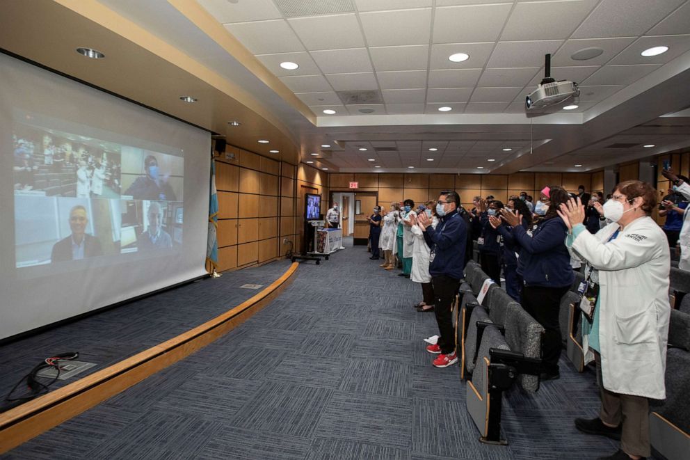 PHOTO: Hospital workers at Elmhurst Hospital in Queens, N.Y., were celebrated with free trips, May 8, 2020, courtesy of Hyatt and American Airlines.